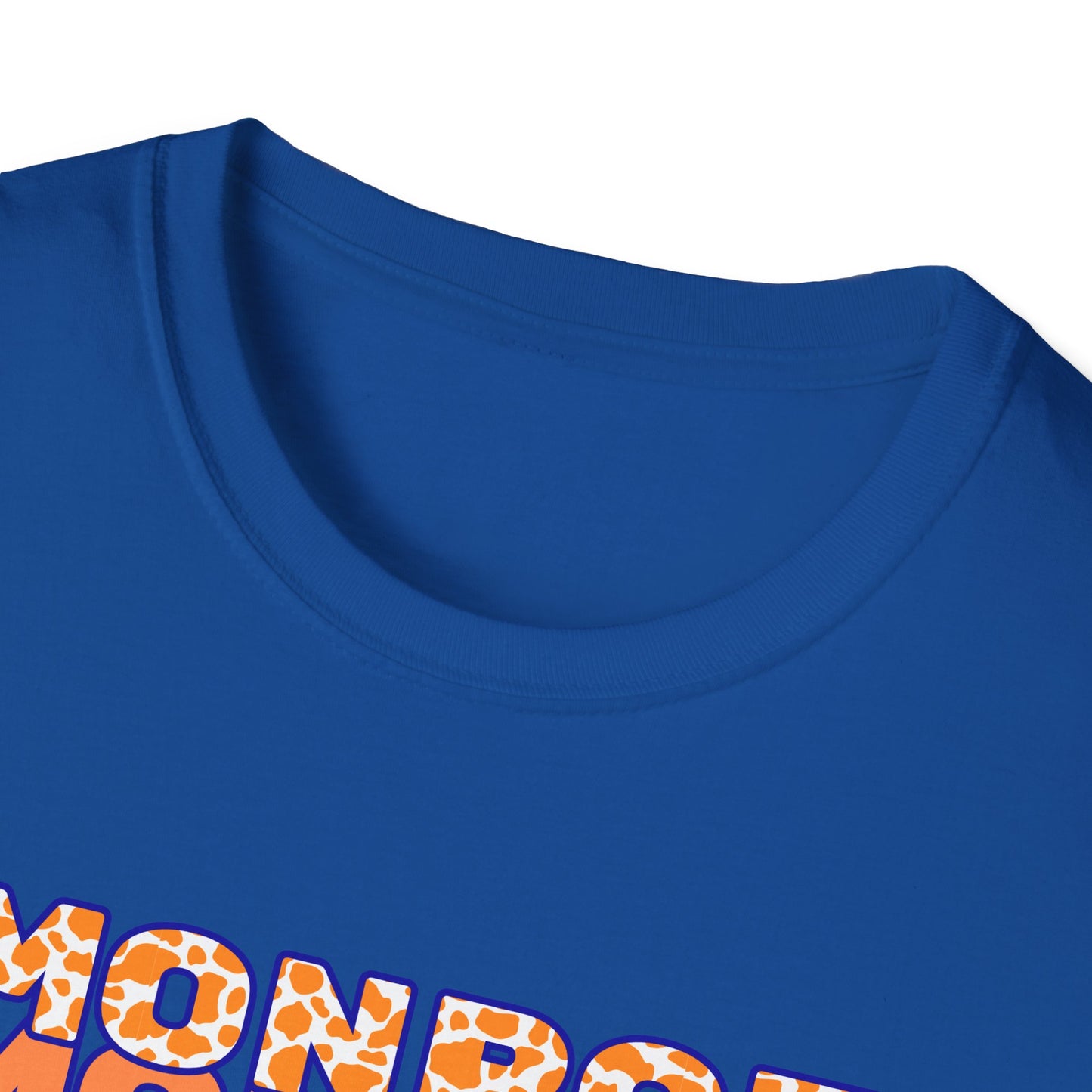 Monroe Cow Print Orange Graphic Unisex Softstyle T-Shirt - Casual Blue Tee for Every Occasion