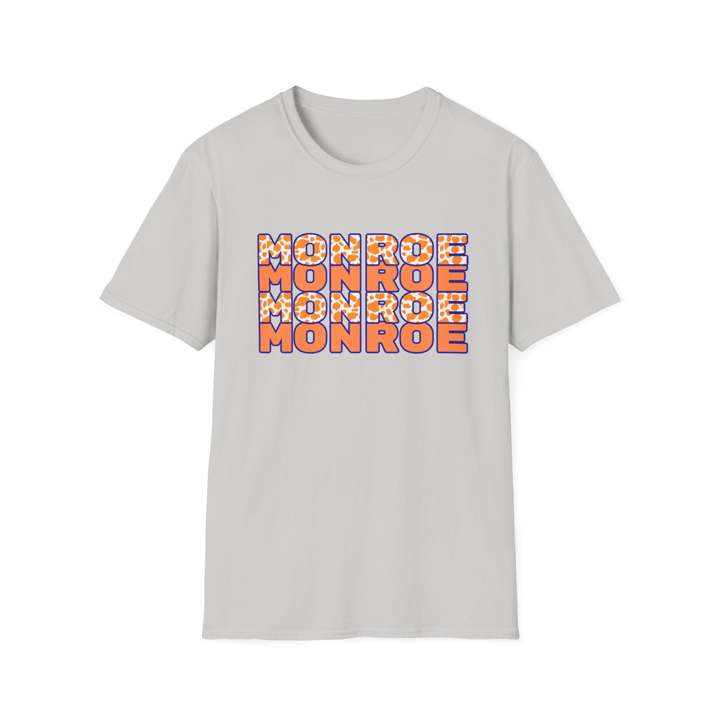 Monroe Cow Print Orange Graphic Unisex Softstyle T-Shirt - Casual Blue Tee for Every Occasion