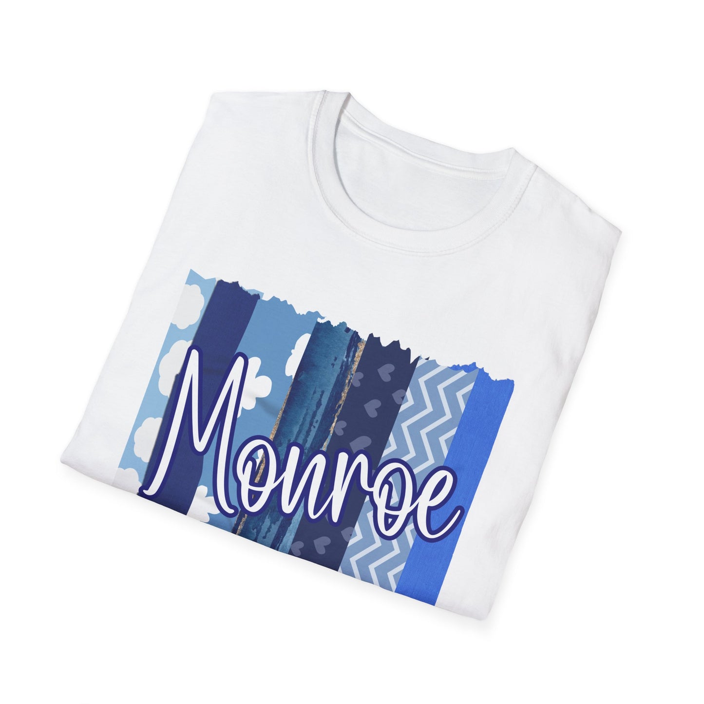 Monroe Blue Patchwork Unisex Softstyle T-Shirt - Perfect for Casual Wear & Gift Giving