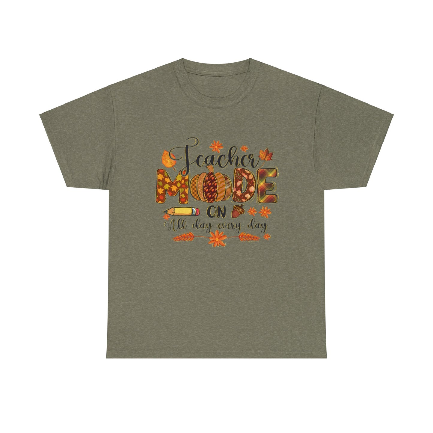"Teacher Mode on Every Day All Day" Fall Teacher Unisex Heavy Cotton Tee - Fall Inspired Design