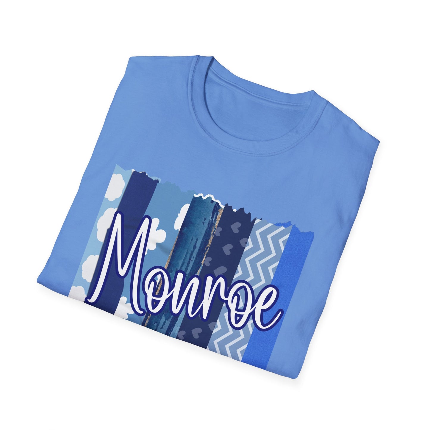 Monroe Blue Patchwork Unisex Softstyle T-Shirt - Perfect for Casual Wear & Gift Giving