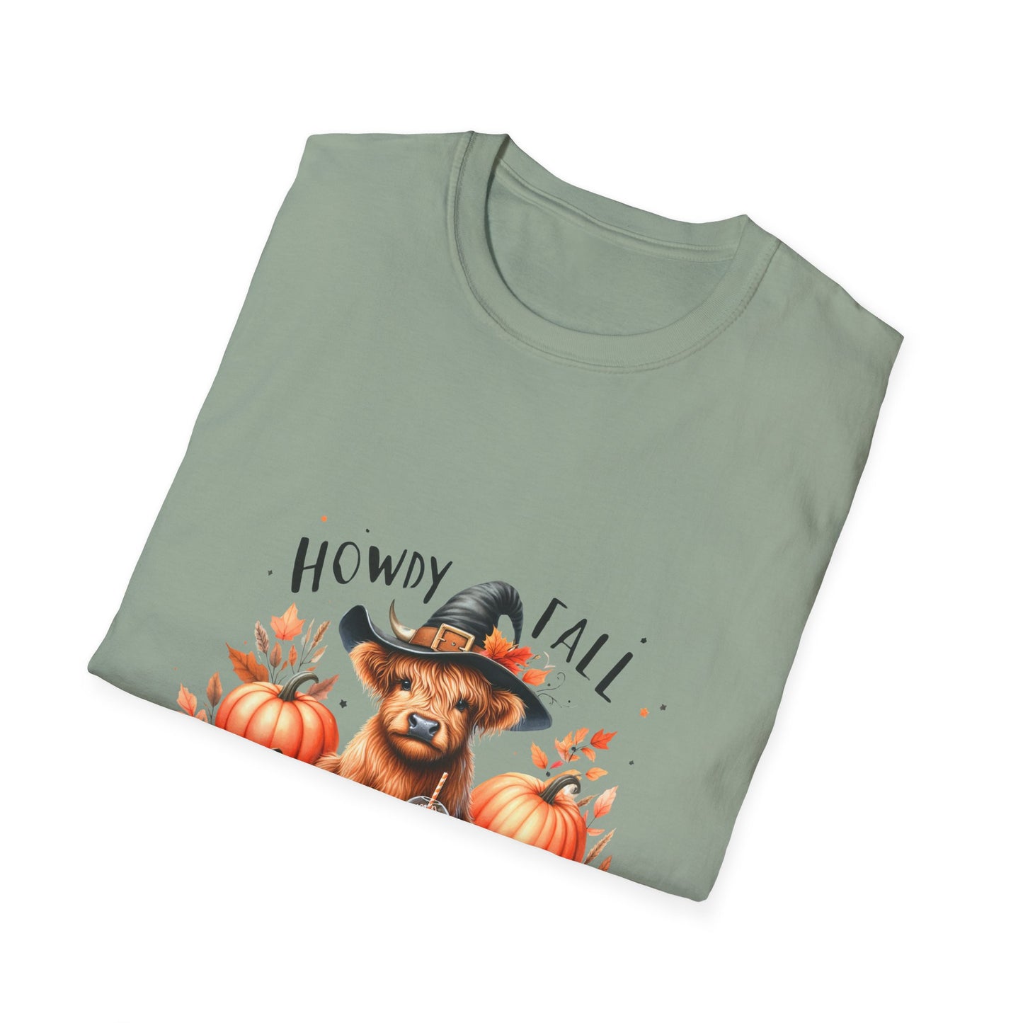Halloween Cow with Latte Unisex Softstyle T-Shirt - "Howdy Fall" Design