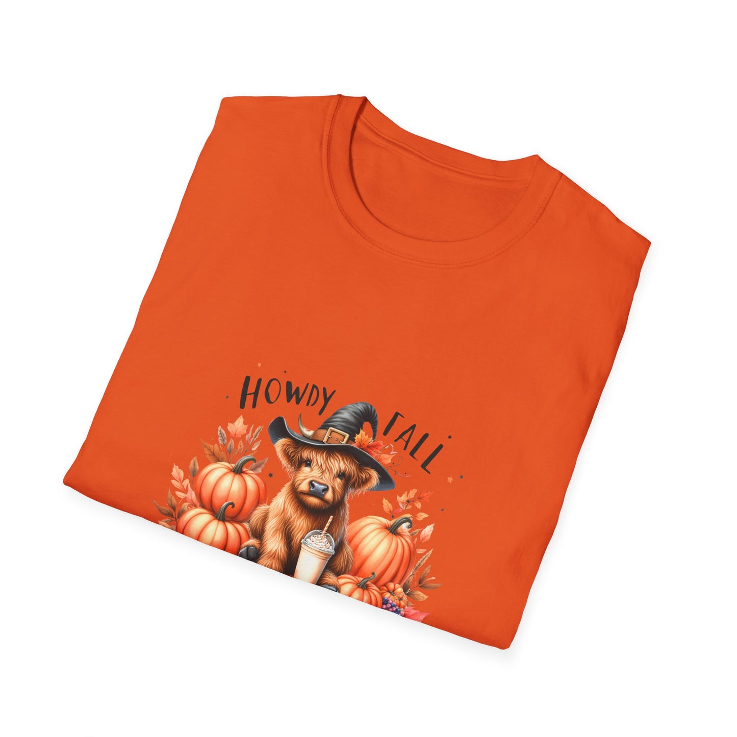 Halloween Cow with Latte Unisex Softstyle T-Shirt - "Howdy Fall" Design