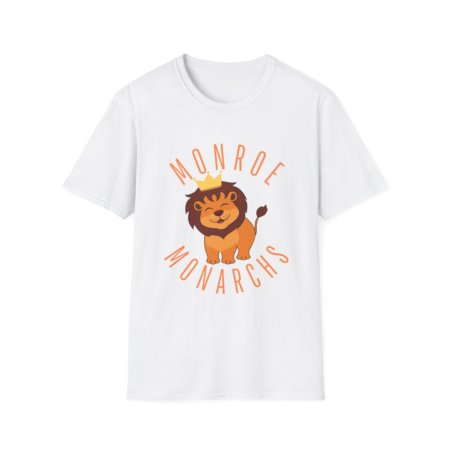 Monroe Monarchs (Orange Lettering) with Cute Grinning Lion Adult Unisex Softstyle T-Shirt