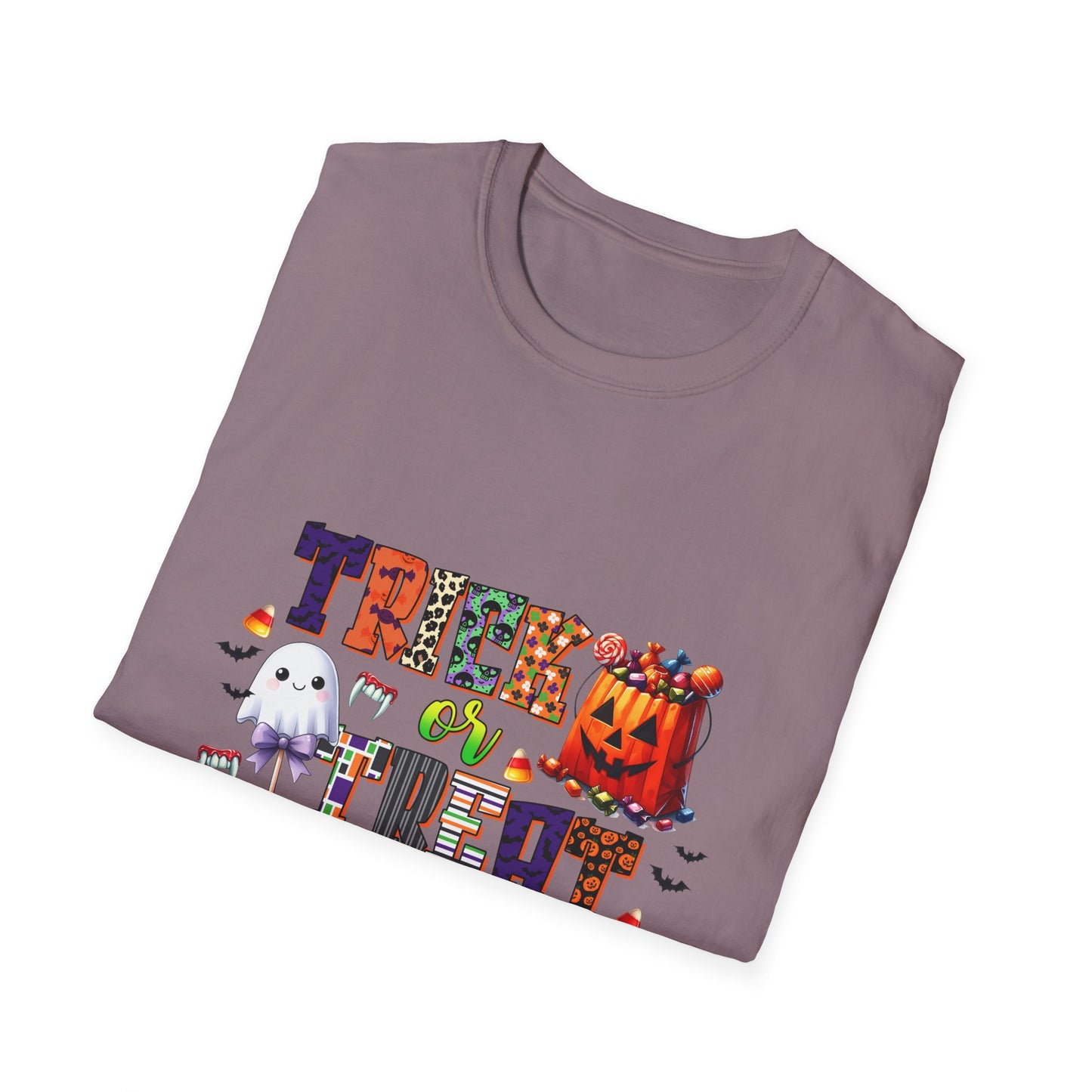 Halloween Trick or Treat T-Shirt - Unisex Softstyle Tee with Ghost and Pumpkin Design