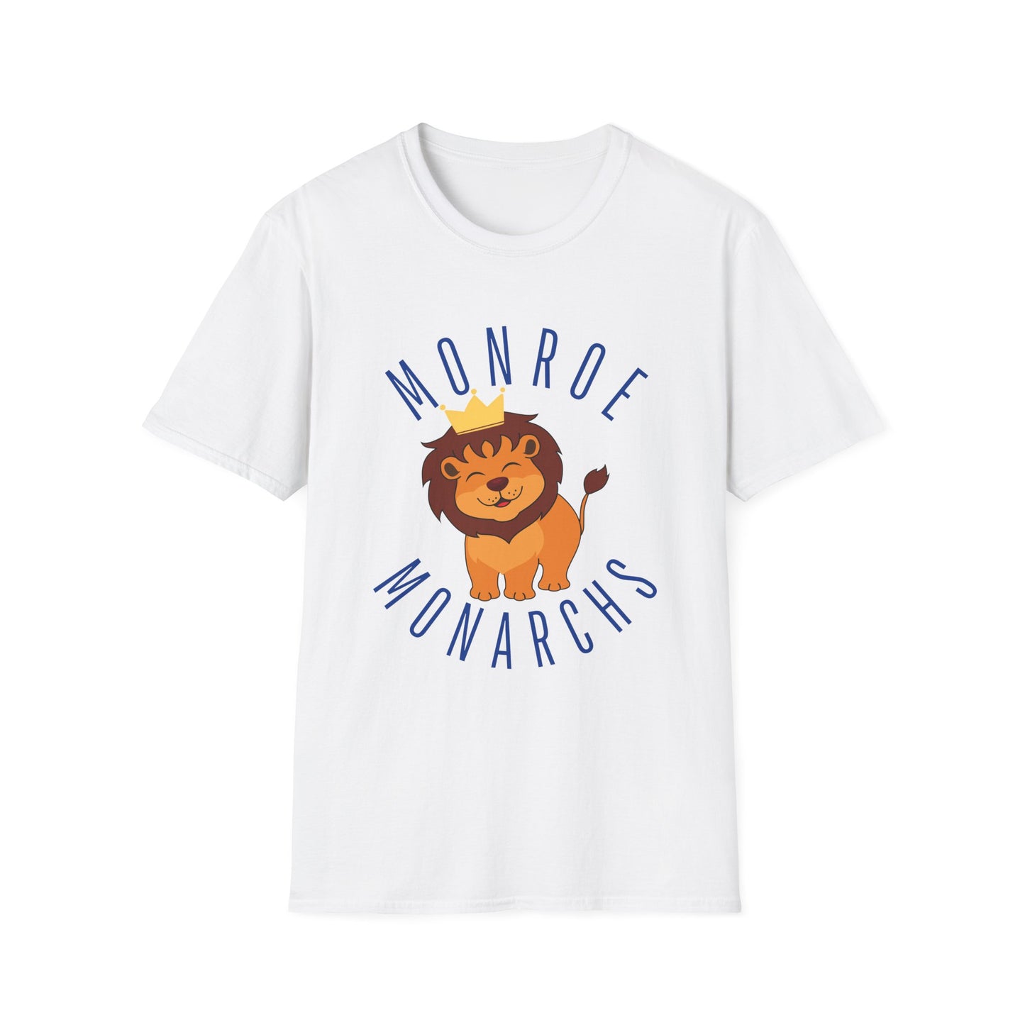 Monroe Monarchs in Blue Lettering with Cute Grinning Lion Adult T-Shirt - Fun & Stylish School Spirit Wear