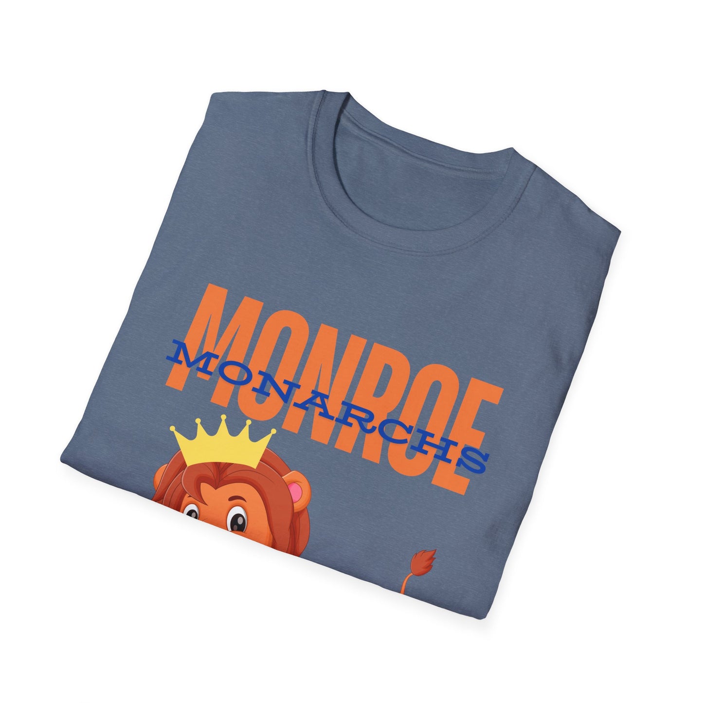 Monroe (Orange) Monarchs (Blue) with Cute Lion Wearing a Crown Leaping Adult Unisex Soft Tshirt