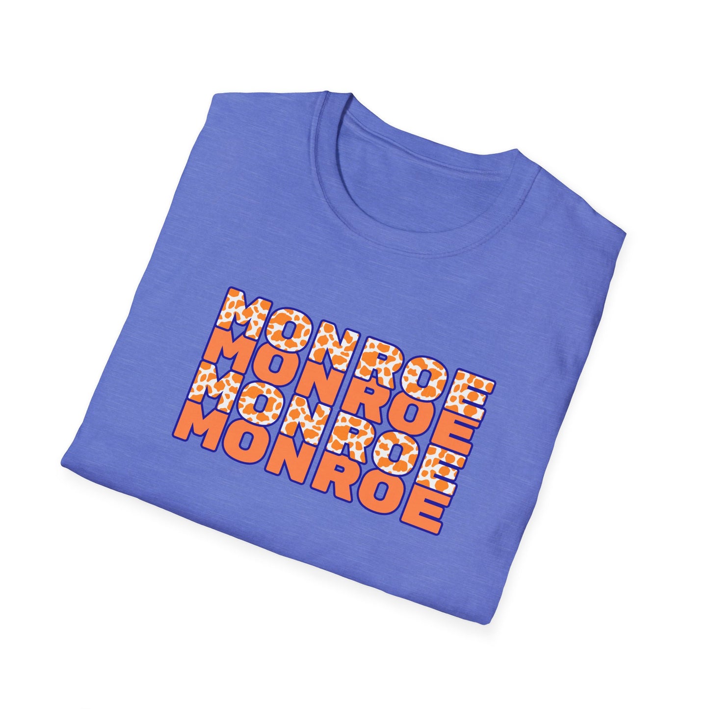 Monroe Cow Print Orange Graphic Unisex Softstyle T-Shirt - Casual Blue Tee for Every Occasion