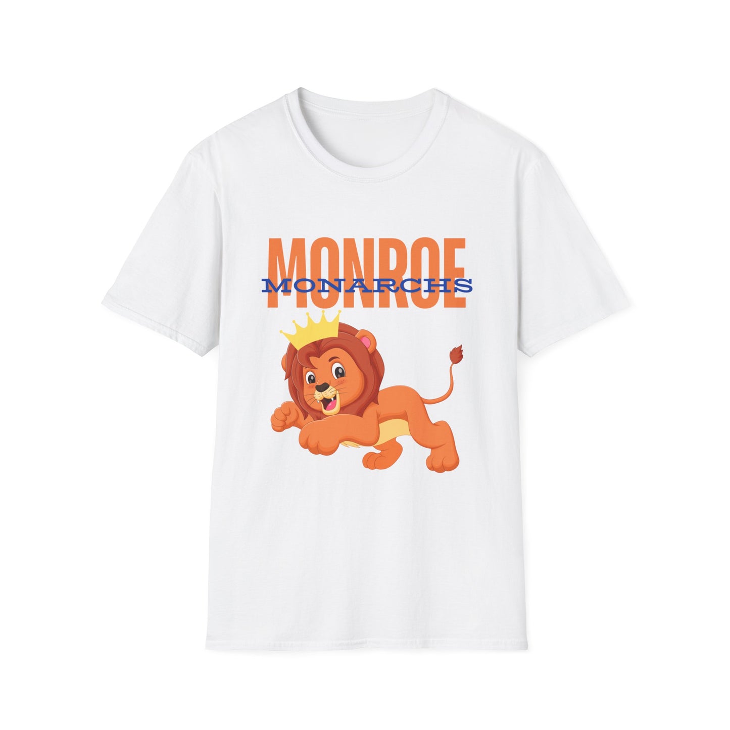 Monroe (Orange) Monarchs (Blue) with Cute Lion Wearing a Crown Leaping Adult Unisex Soft Tshirt