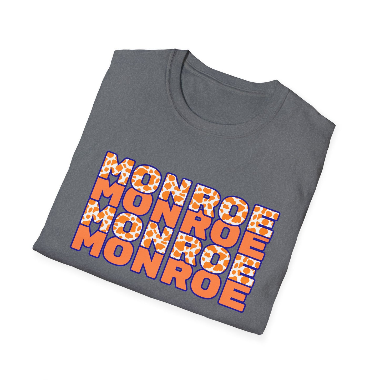 Monroe Cow Print Orange Graphic Unisex Softstyle T-Shirt - Casual Blue Tee for Every Occasion