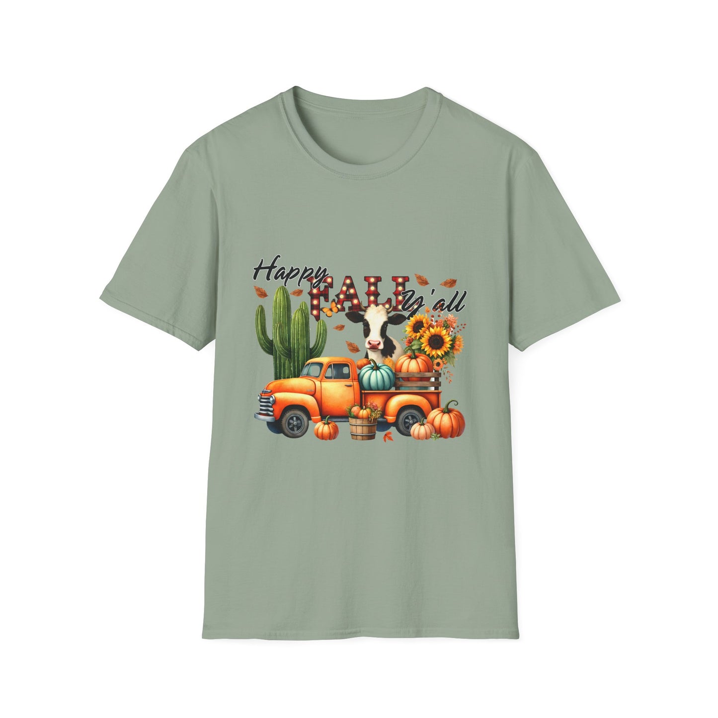 Happy Fall Y'all Unisex Softstyle Cow. FarmT-Shirt - Autumn Vibe Tee with Pumpkins and Sunflowers