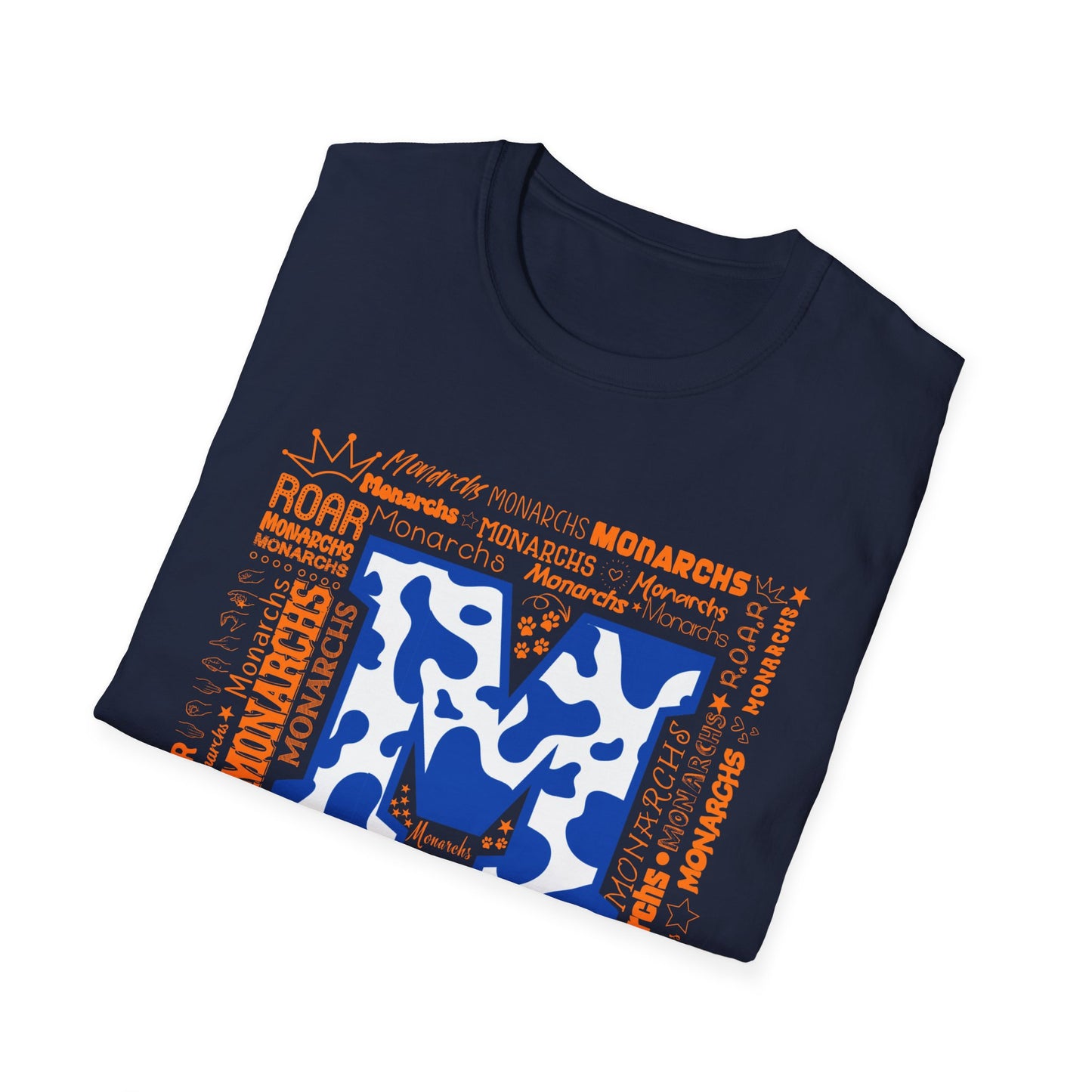 Blue Cow Print M Monarchs Unisex Softstyle T-Shirt - Monarchs Roar Graphic Tee for School Spirit