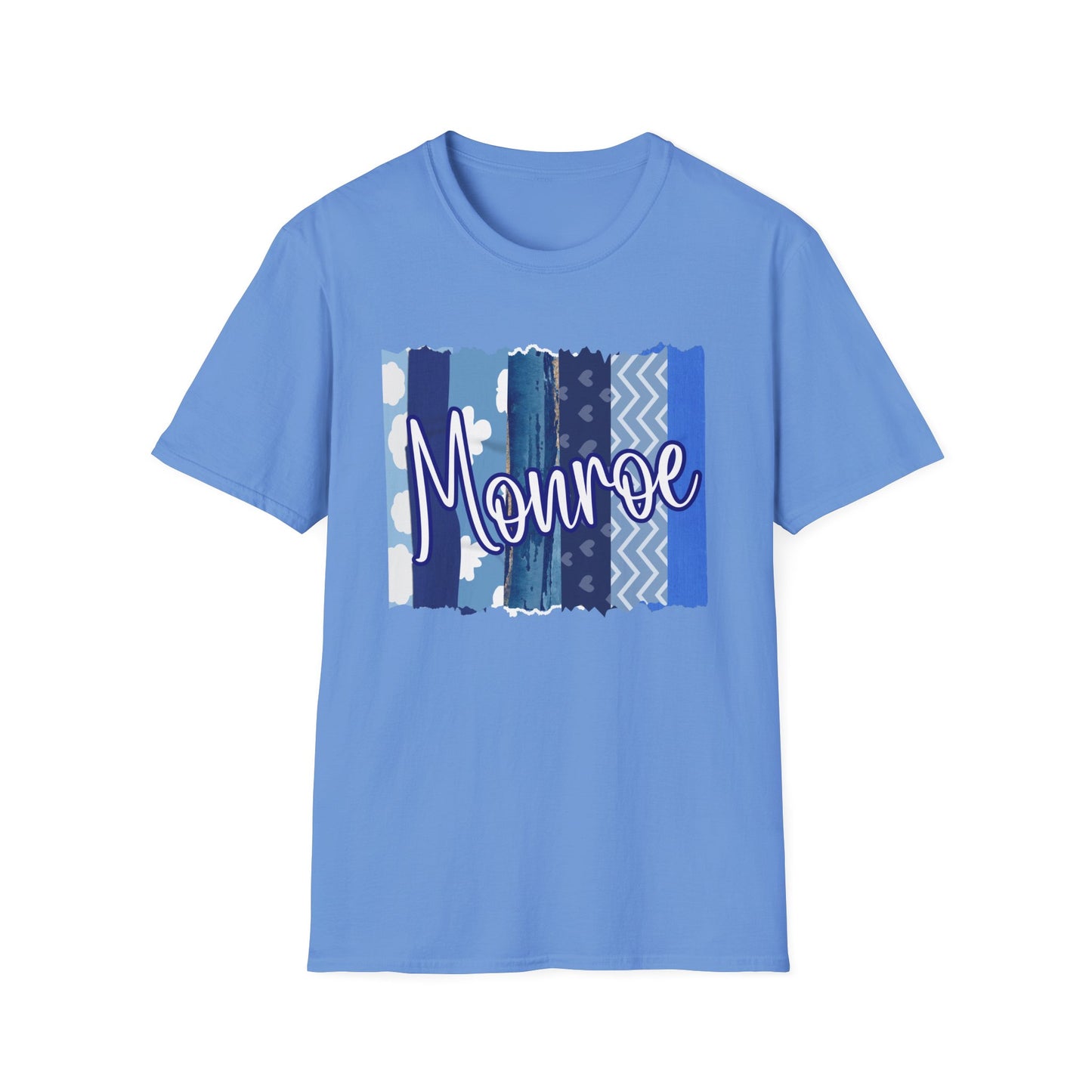 Monroe Blue Patchwork Unisex Softstyle T-Shirt - Perfect for Casual Wear & Gift Giving