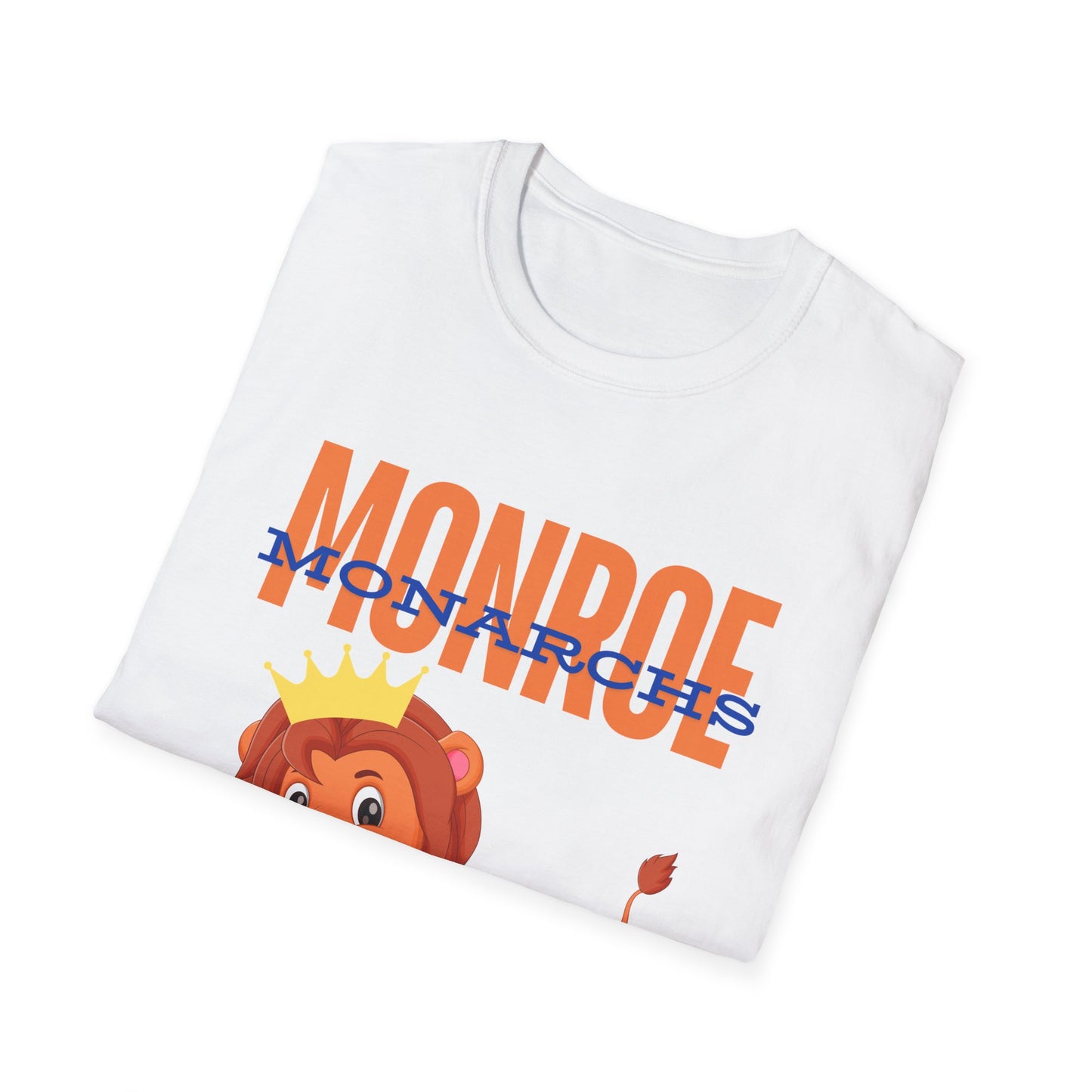 Monroe (Orange) Monarchs (Blue) with Cute Lion Wearing a Crown Leaping Adult Unisex Soft Tshirt