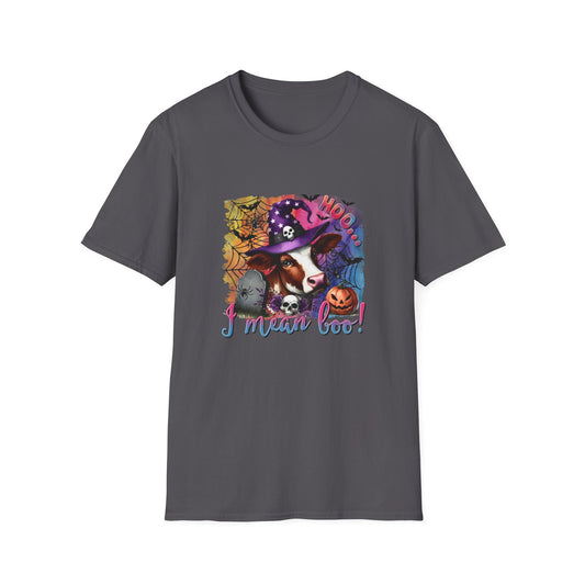 Fun Halloween Cow T-Shirt – "I Moo I Mean  Boo!" Unisex Softstyle Tee for Pet Lovers