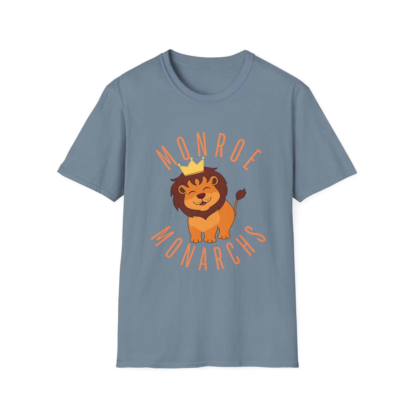 Monroe Monarchs (Orange Lettering) with Cute Grinning Lion Adult Unisex Softstyle T-Shirt
