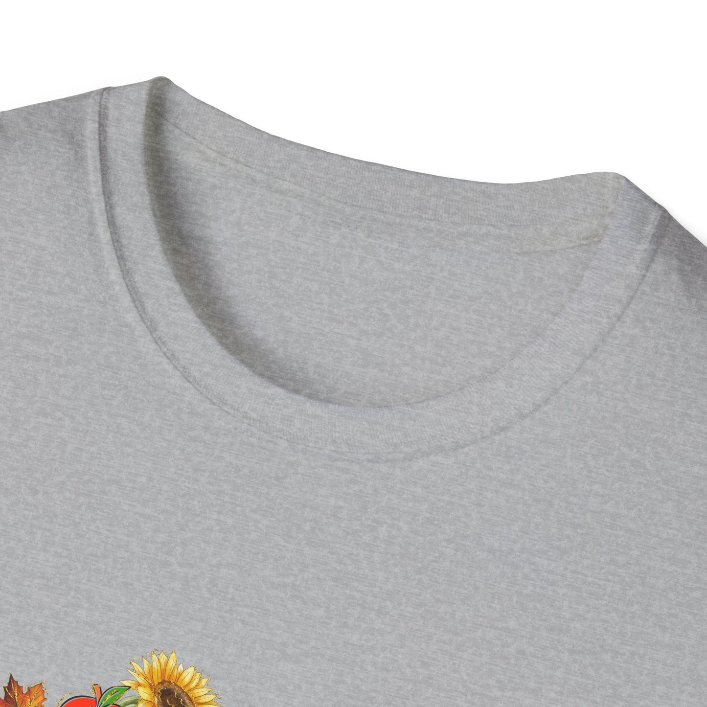 "Teaching is Work of Heart" Fall Teacher Unisex Softstyle T-Shirt - Pumpkin and Sunflower Design for Teachers
