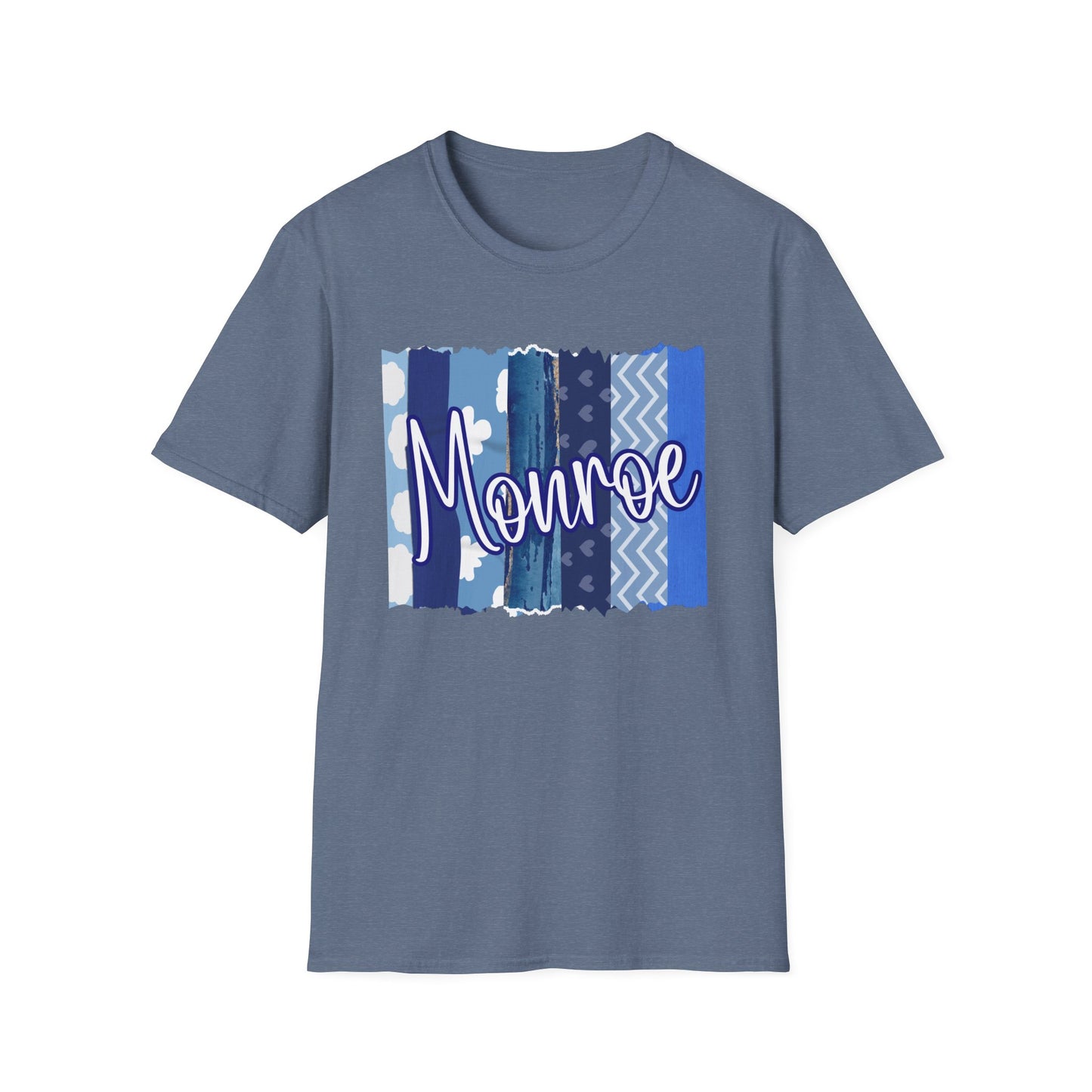 Monroe Blue Patchwork Unisex Softstyle T-Shirt - Perfect for Casual Wear & Gift Giving