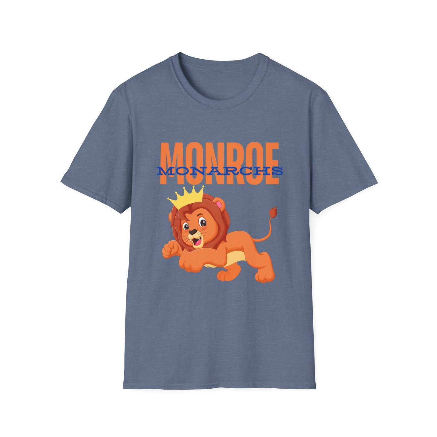 Monroe (Orange) Monarchs (Blue) with Cute Lion Wearing a Crown Leaping Adult Unisex Soft Tshirt