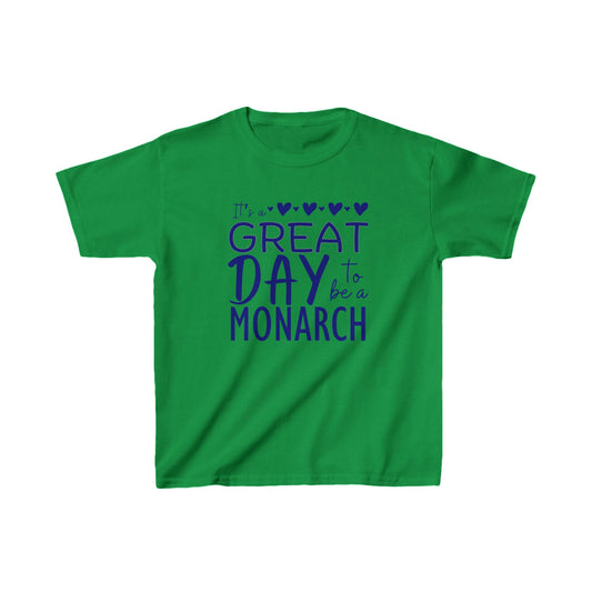 Kids Its a Great Day to be a Monarch  Blue Lettering Tee - Vibrant Green Cotton T-Shirt