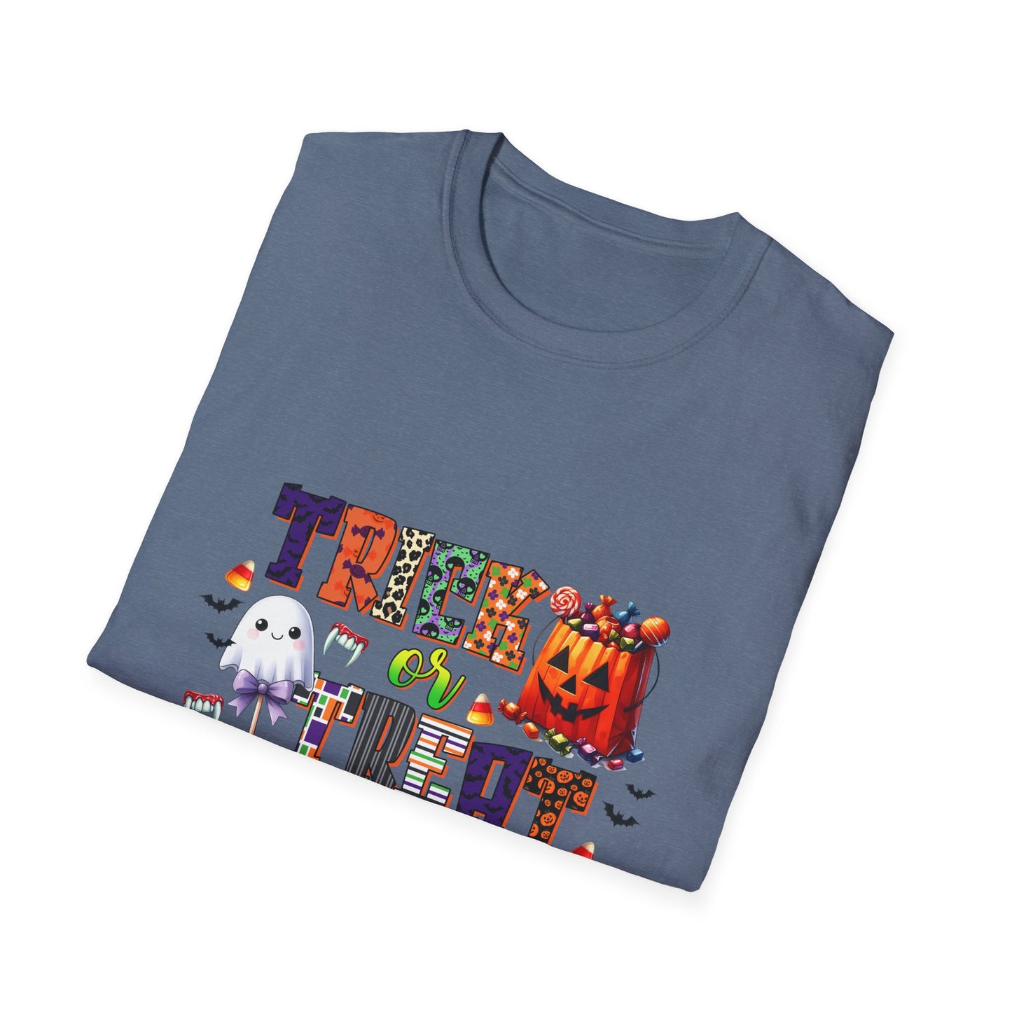Halloween Trick or Treat T-Shirt - Unisex Softstyle Tee with Ghost and Pumpkin Design