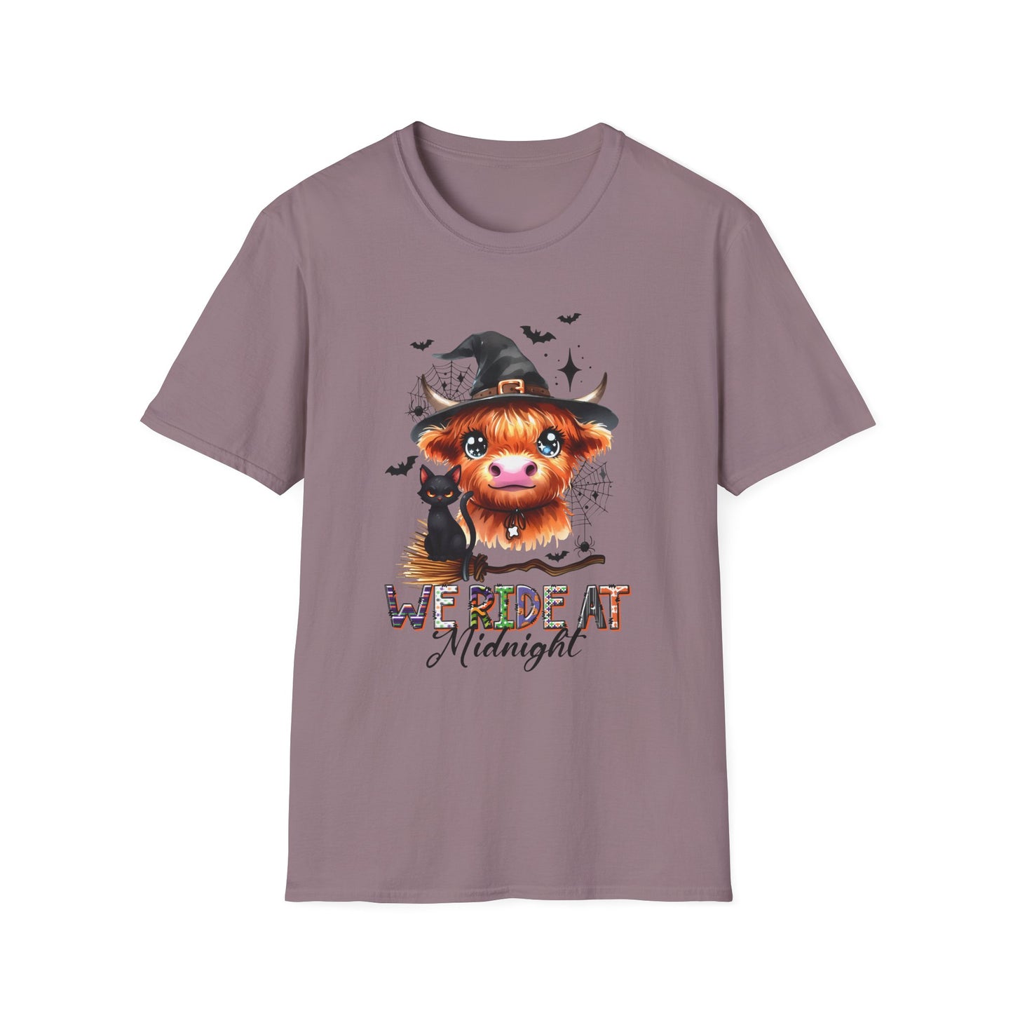 Halloween Cow Graphic T-Shirt - "We're Out at Midnight" - Unisex Softstyle Tee