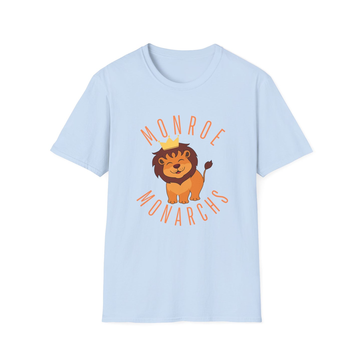Monroe Monarchs (Orange Lettering) with Cute Grinning Lion Adult Unisex Softstyle T-Shirt