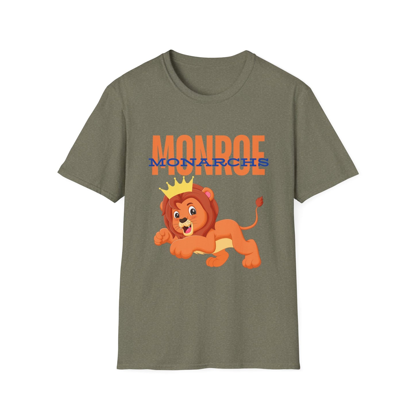 Monroe (Orange) Monarchs (Blue) with Cute Lion Wearing a Crown Leaping Adult Unisex Soft Tshirt