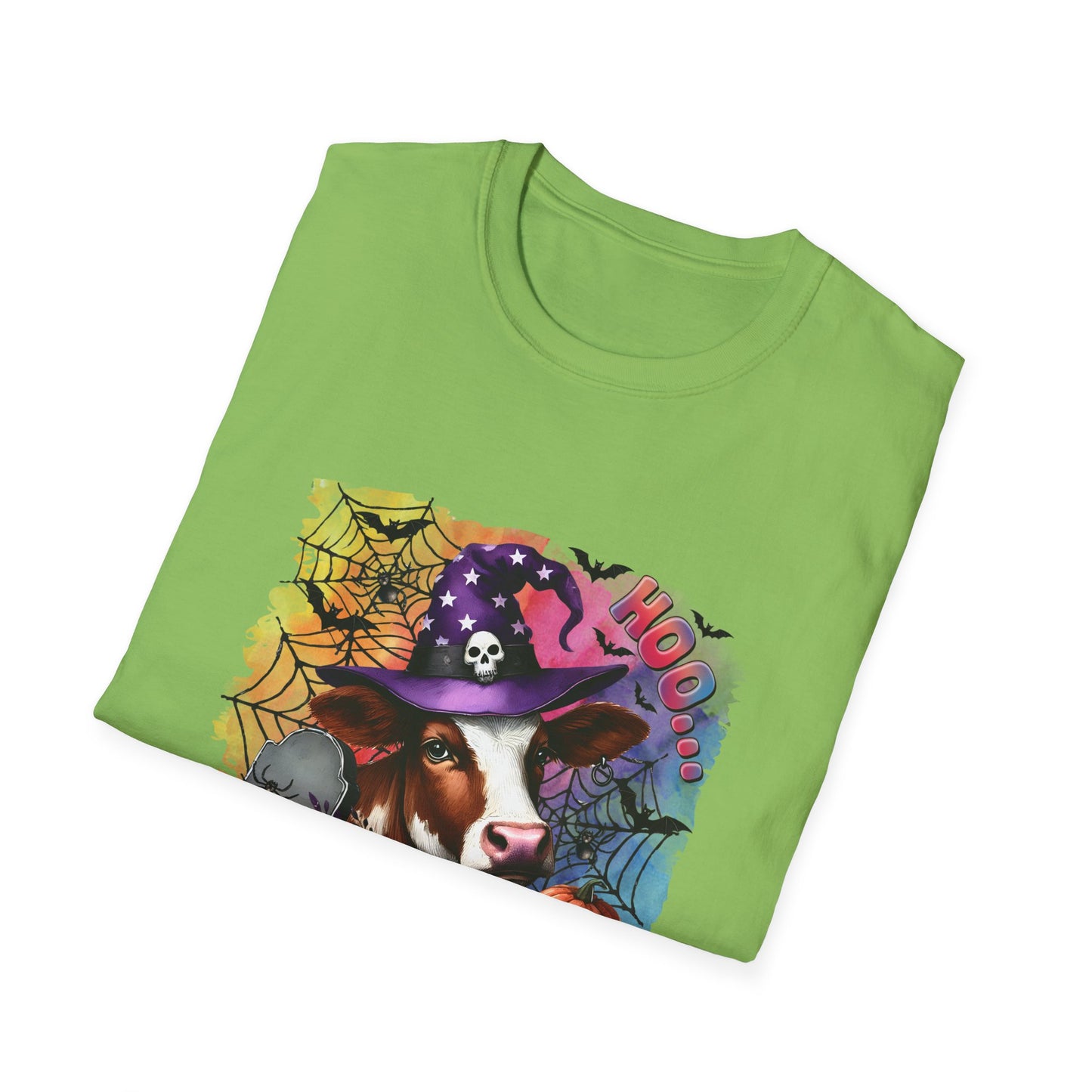 Fun Halloween Cow T-Shirt – "I Moo I Mean  Boo!" Unisex Softstyle Tee for Pet Lovers