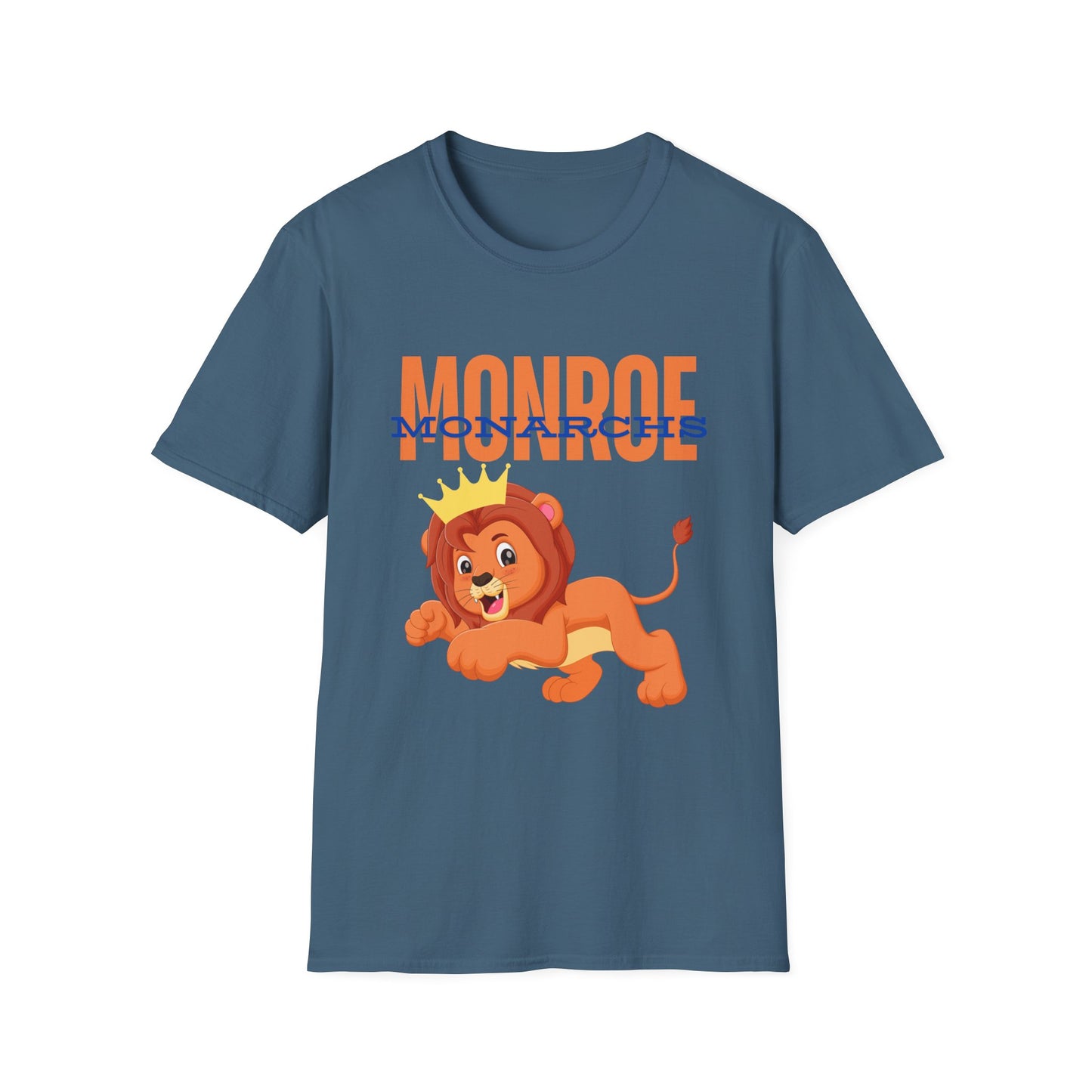 Monroe (Orange) Monarchs (Blue) with Cute Lion Wearing a Crown Leaping Adult Unisex Soft Tshirt