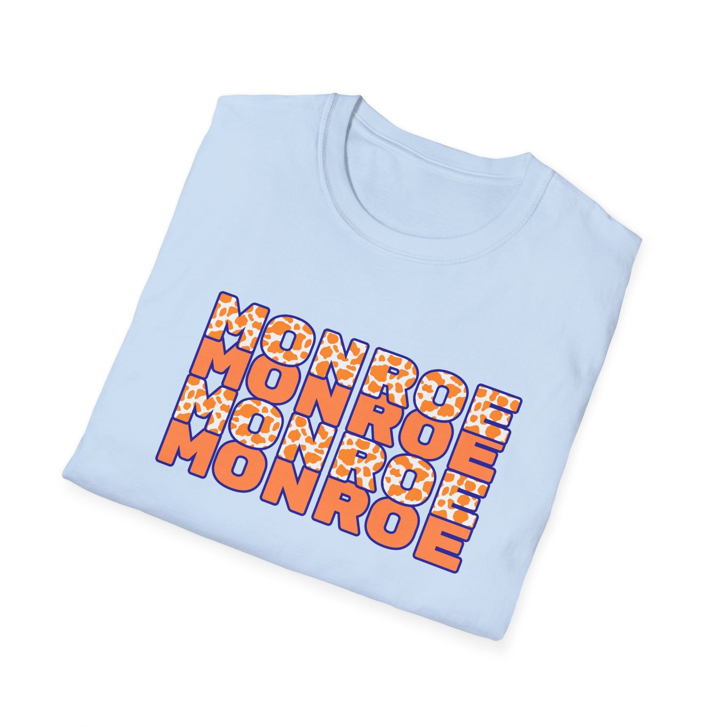 Monroe Cow Print Orange Graphic Unisex Softstyle T-Shirt - Casual Blue Tee for Every Occasion
