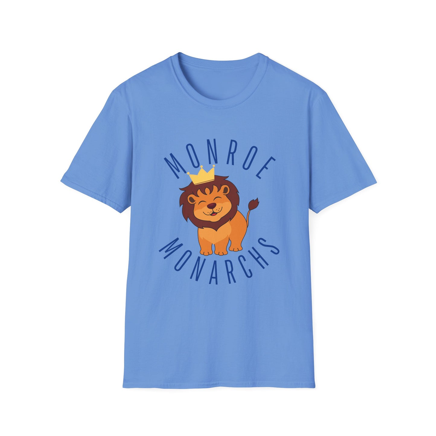 Monroe Monarchs in Blue Lettering with Cute Grinning Lion Adult T-Shirt - Fun & Stylish School Spirit Wear