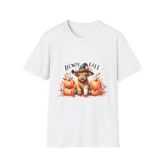 Halloween Cow with Latte Unisex Softstyle T-Shirt - "Howdy Fall" Design