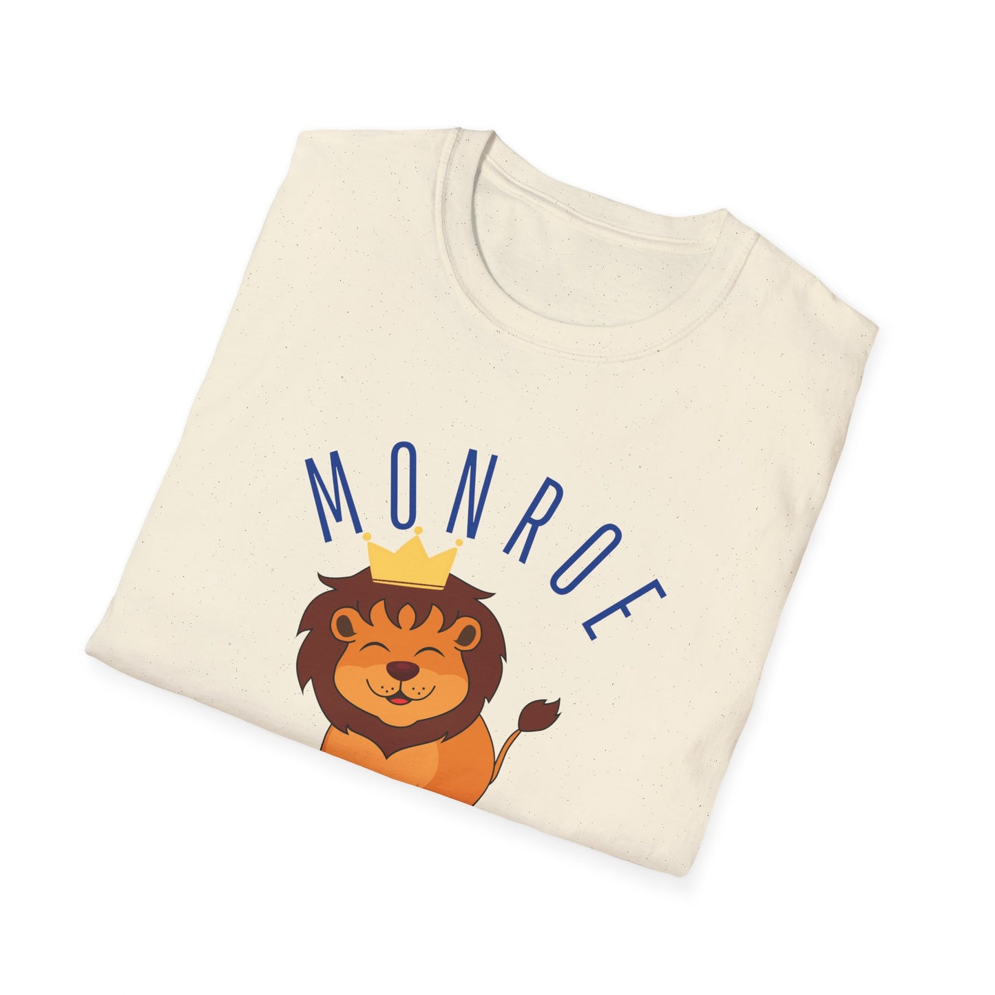 Monroe Monarchs in Blue Lettering with Cute Grinning Lion Adult T-Shirt - Fun & Stylish School Spirit Wear