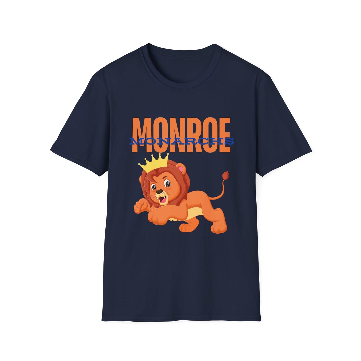 Monroe (Orange) Monarchs (Blue) with Cute Lion Wearing a Crown Leaping Adult Unisex Soft Tshirt