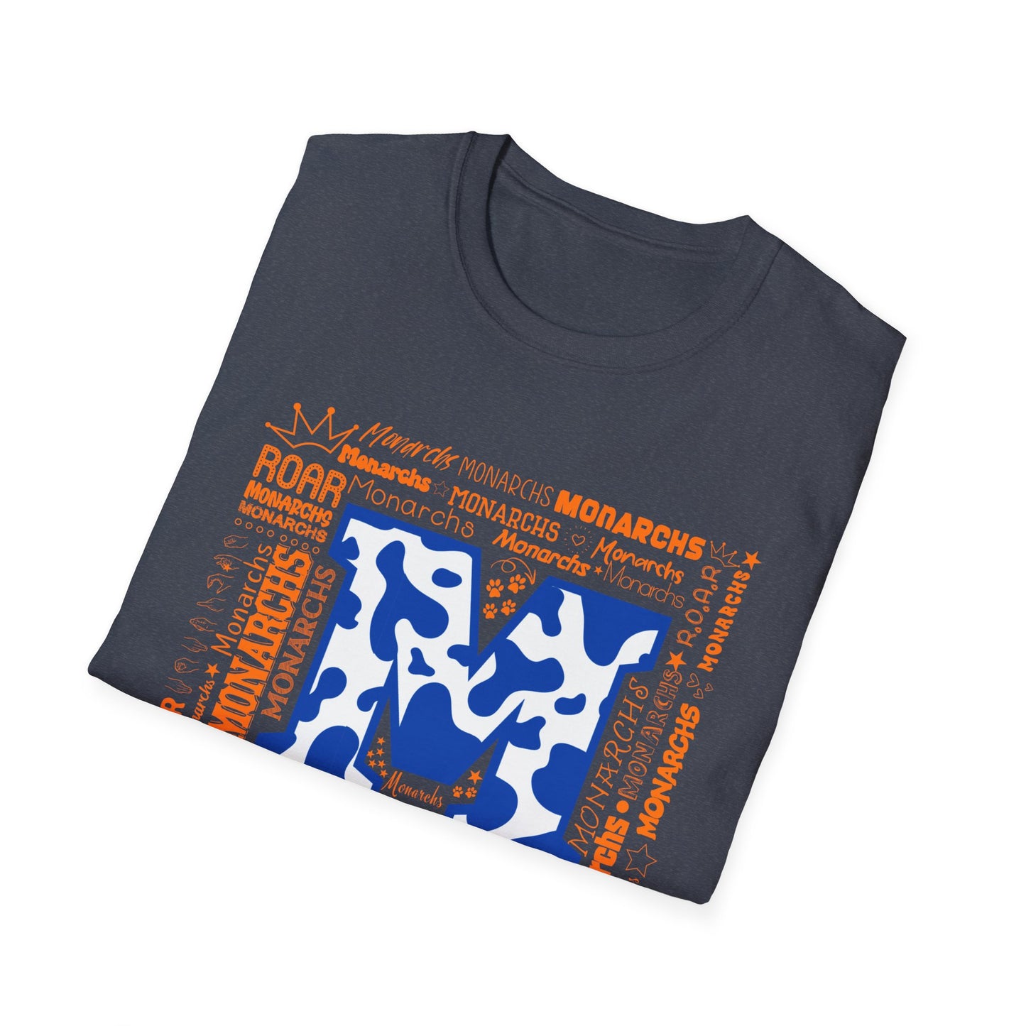 Blue Cow Print M Monarchs Unisex Softstyle T-Shirt - Monarchs Roar Graphic Tee for School Spirit