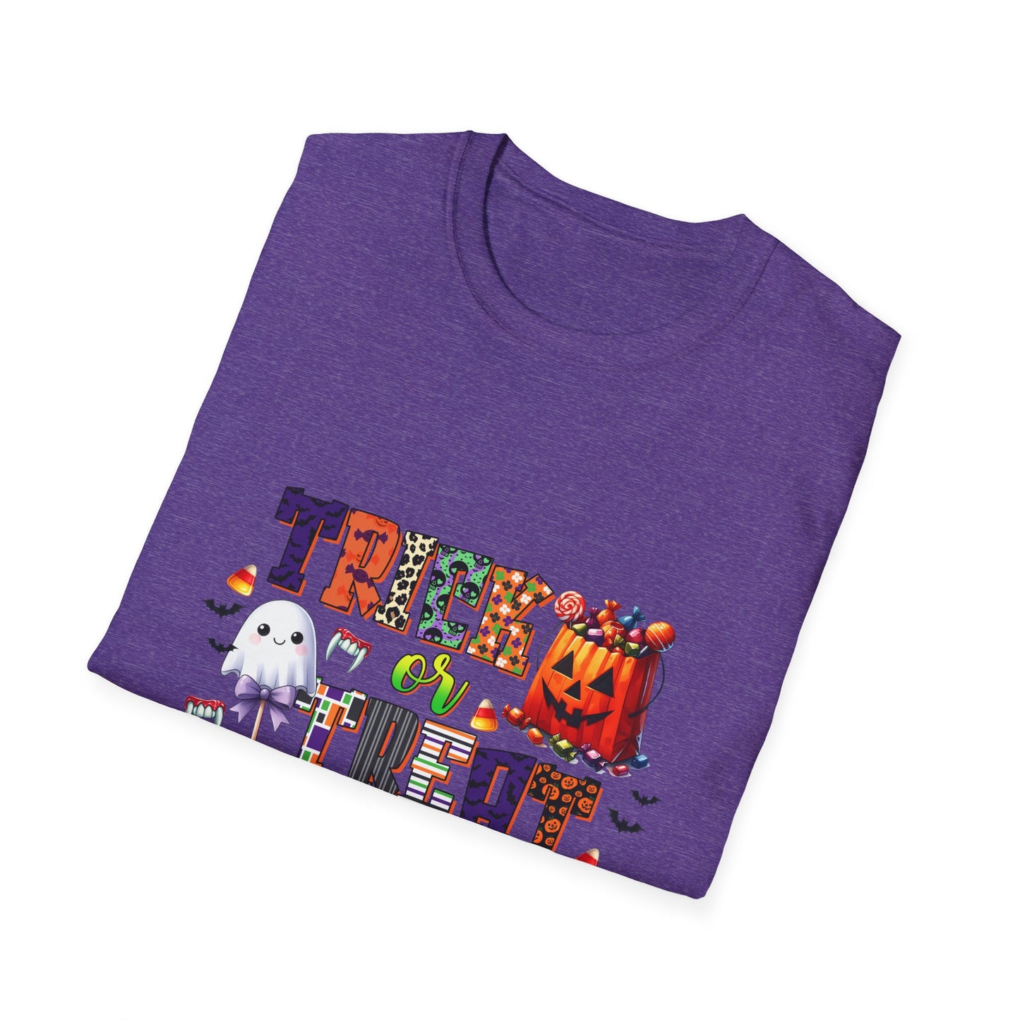 Halloween Trick or Treat T-Shirt - Unisex Softstyle Tee with Ghost and Pumpkin Design