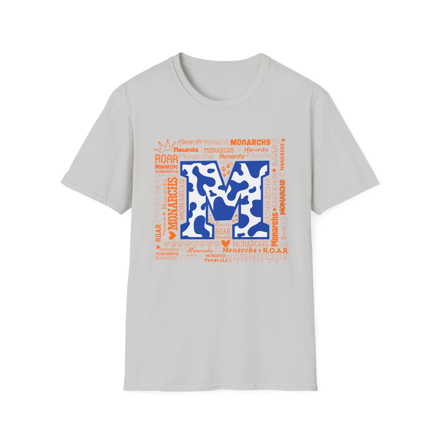 Blue Cow Print M Monarchs Unisex Softstyle T-Shirt - Monarchs Roar Graphic Tee for School Spirit