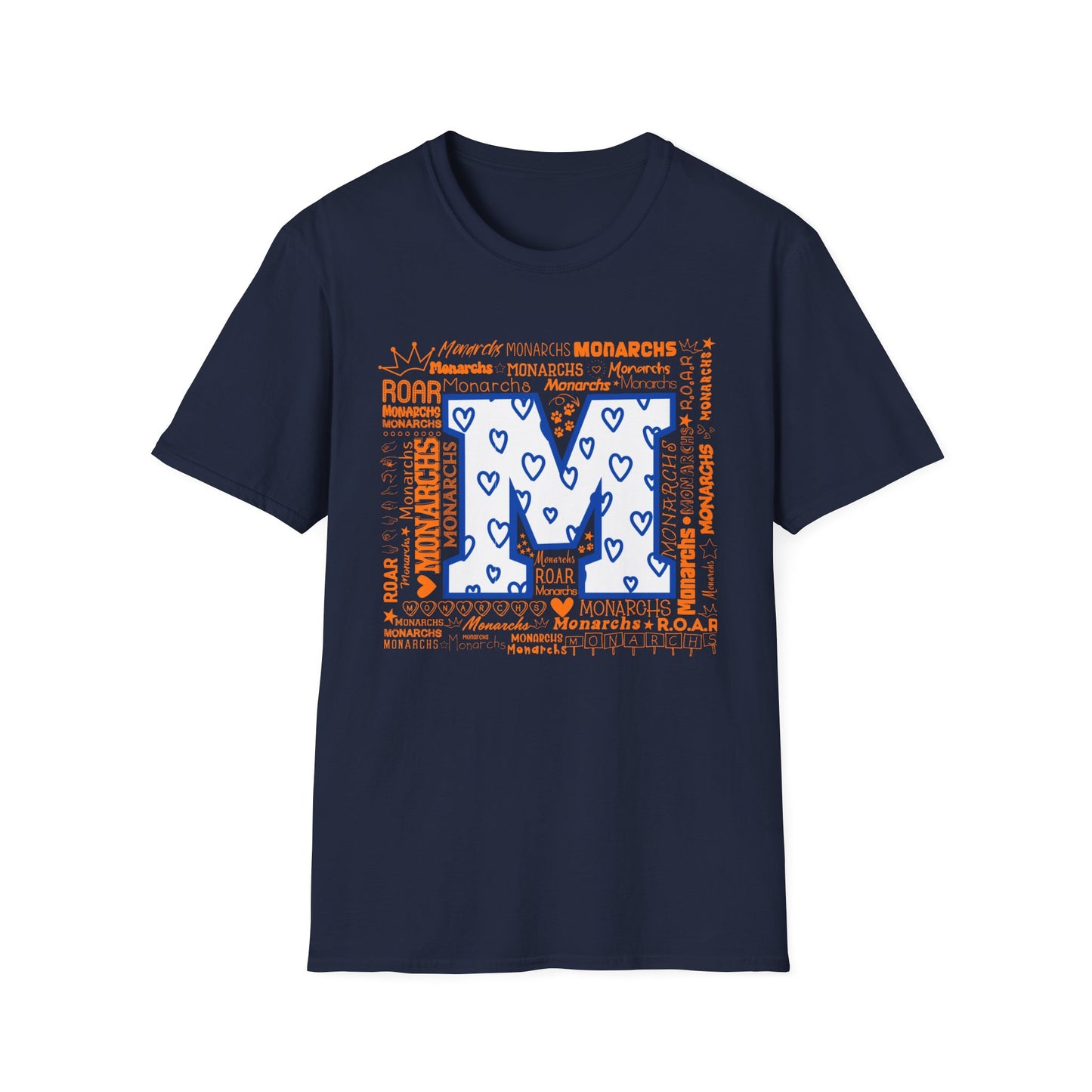 Blue Hearts M Monarch Unisex Softstyle T-Shirt - Monarchs ROAR Graphic Tee
