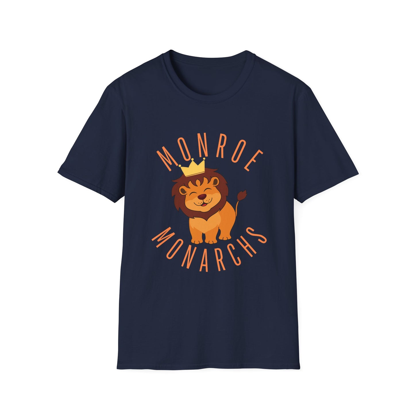 Monroe Monarchs (Orange Lettering) with Cute Grinning Lion Adult Unisex Softstyle T-Shirt