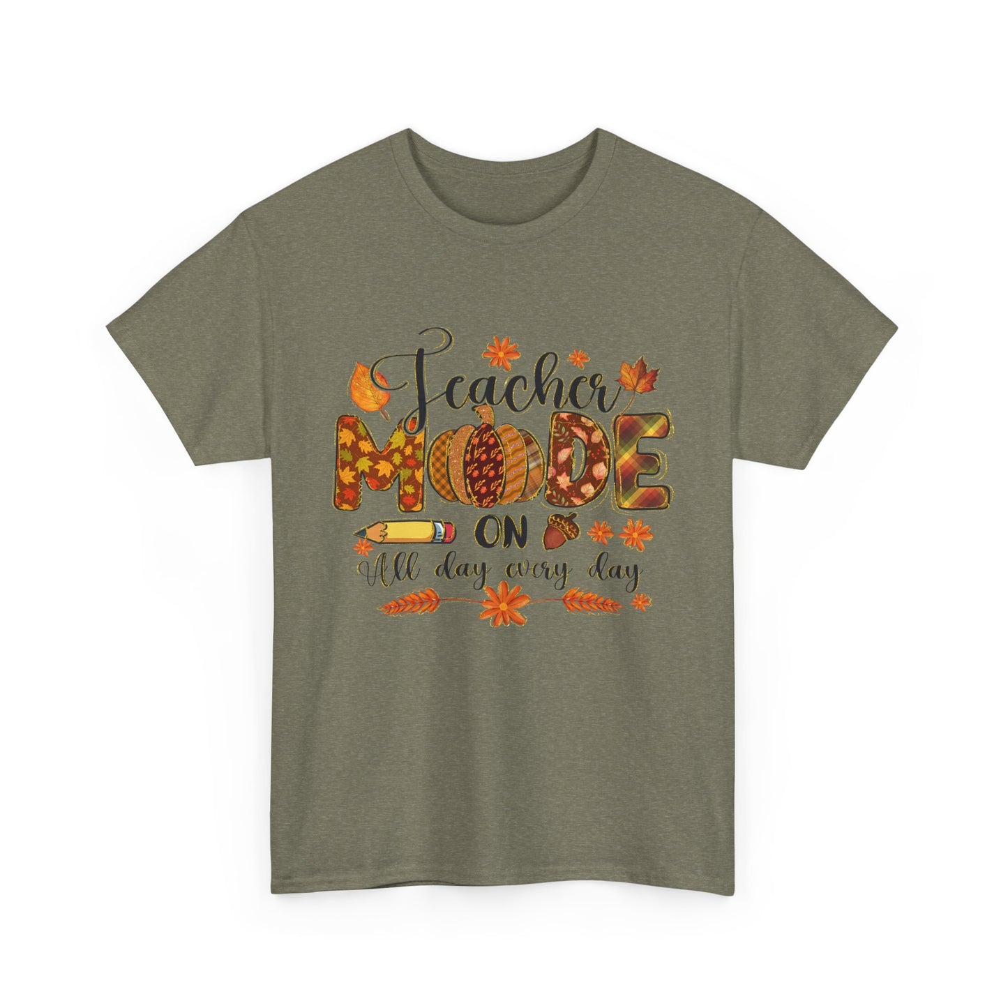 "Teacher Mode on Every Day All Day" Fall Teacher Unisex Heavy Cotton Tee - Fall Inspired Design
