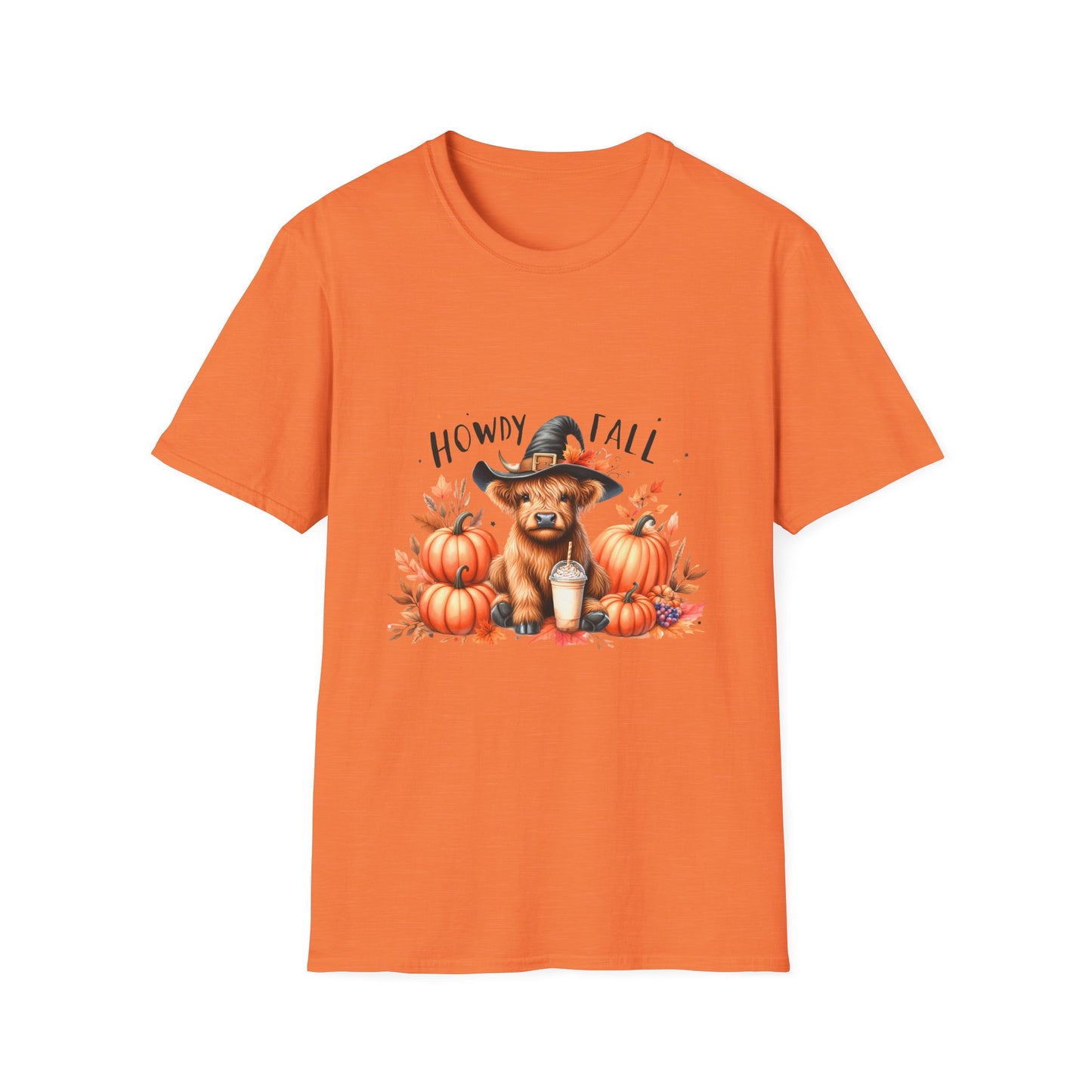 Halloween Cow with Latte Unisex Softstyle T-Shirt - "Howdy Fall" Design