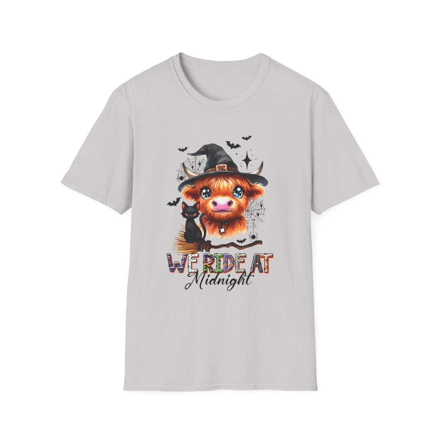 Halloween Cow Graphic T-Shirt - "We're Out at Midnight" - Unisex Softstyle Tee