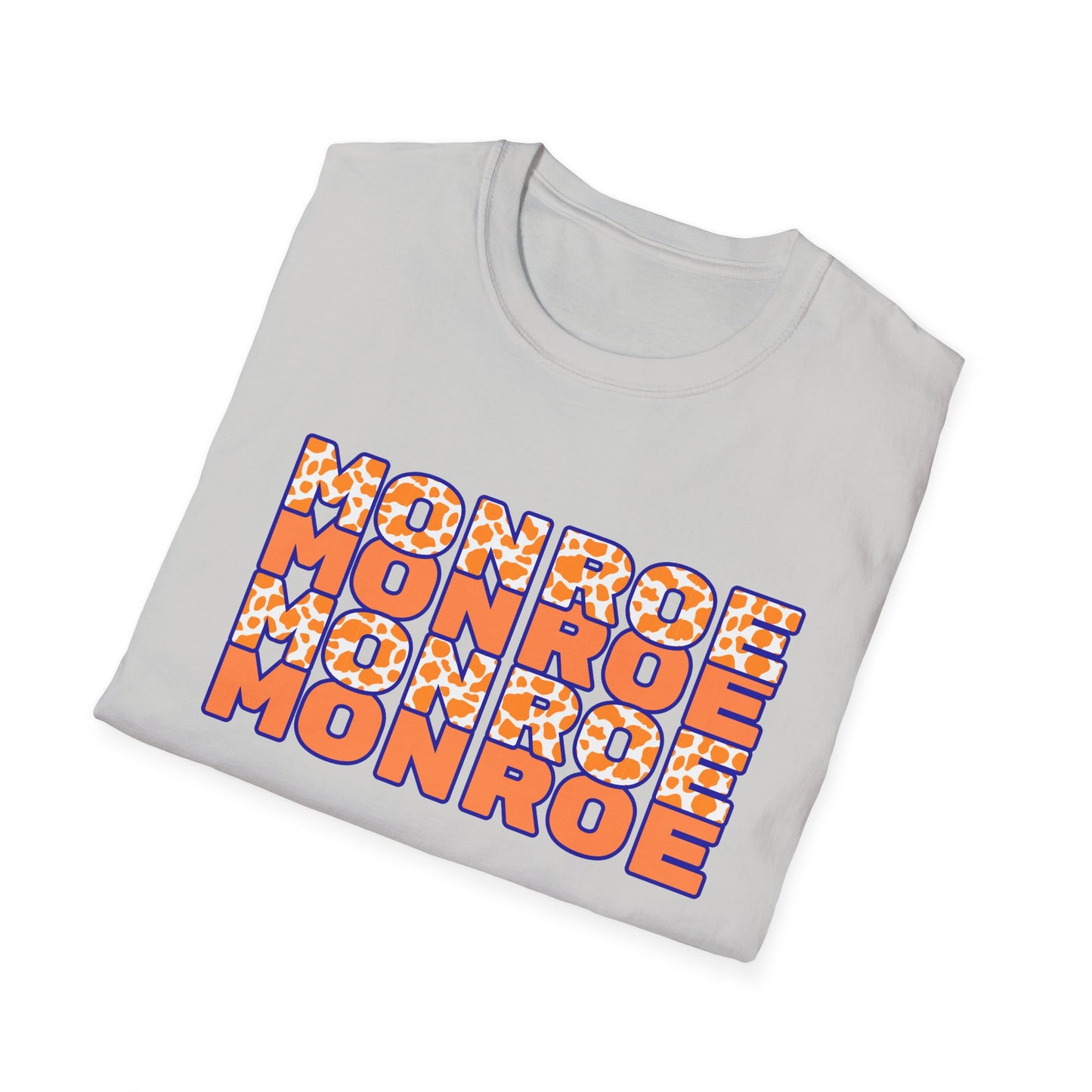 Monroe Cow Print Orange Graphic Unisex Softstyle T-Shirt - Casual Blue Tee for Every Occasion