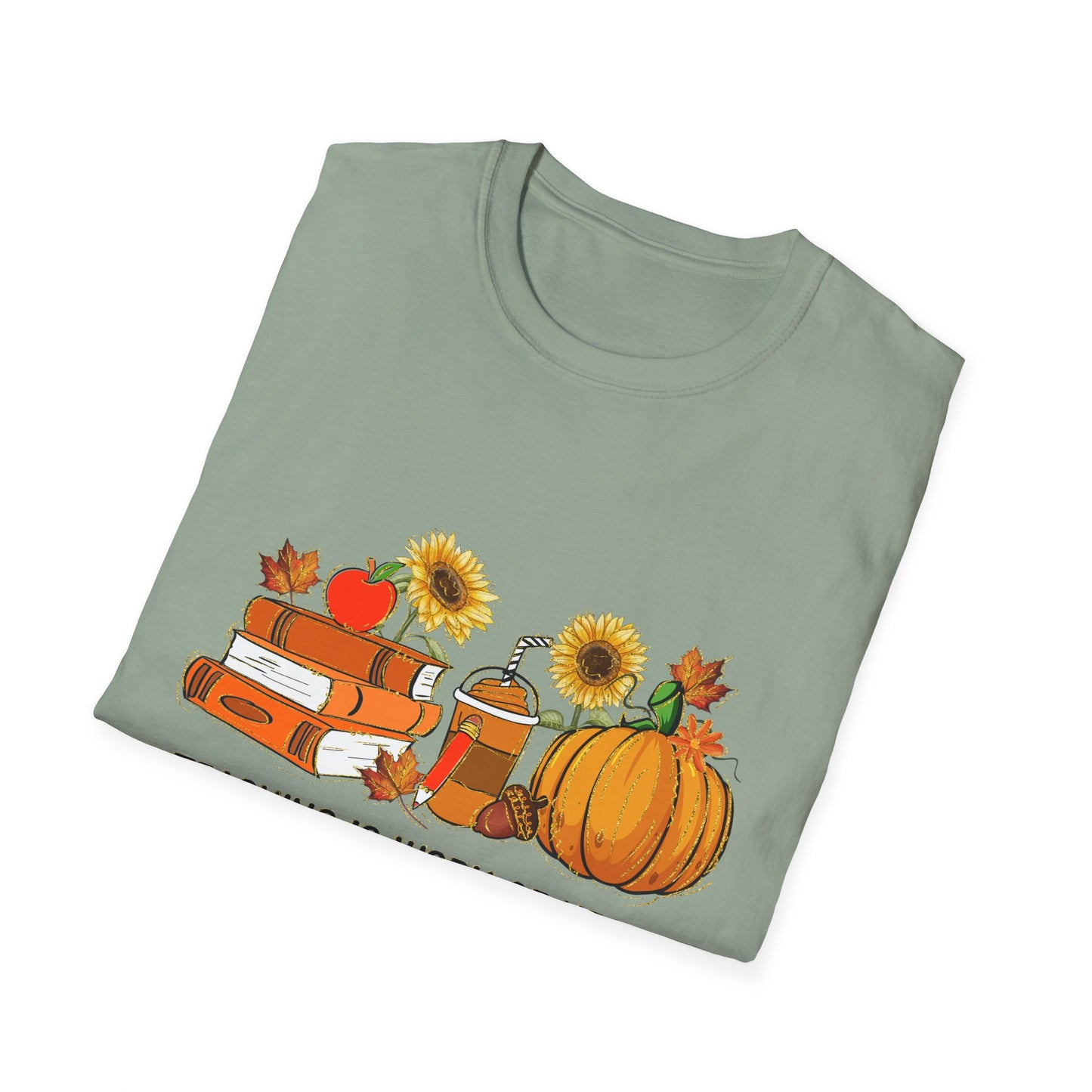 "Teaching is Work of Heart" Fall Teacher Unisex Softstyle T-Shirt - Pumpkin and Sunflower Design for Teachers