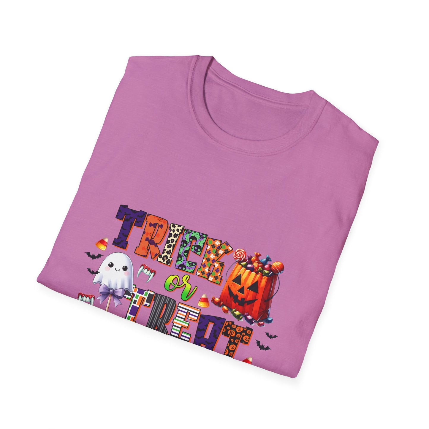 Halloween Trick or Treat T-Shirt - Unisex Softstyle Tee with Ghost and Pumpkin Design