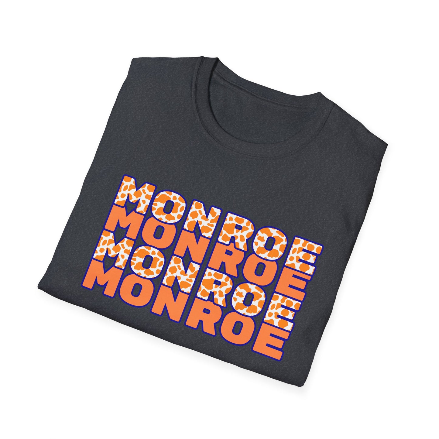 Monroe Cow Print Orange Graphic Unisex Softstyle T-Shirt - Casual Blue Tee for Every Occasion