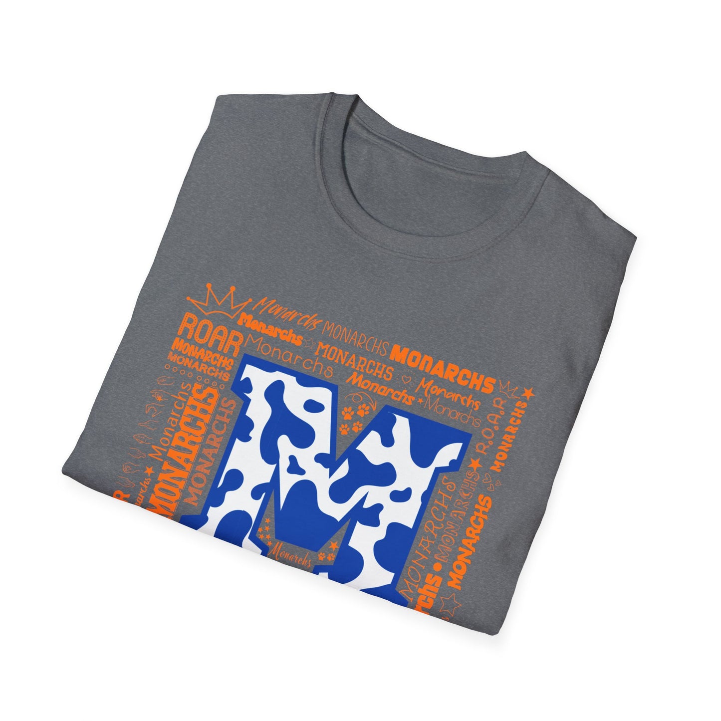 Blue Cow Print M Monarchs Unisex Softstyle T-Shirt - Monarchs Roar Graphic Tee for School Spirit