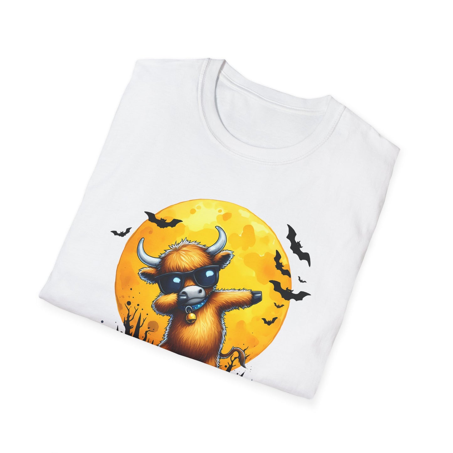 Dabbing Funny Halloween Cow T-Shirt - Unisex Softstyle Tee for Spooky Season