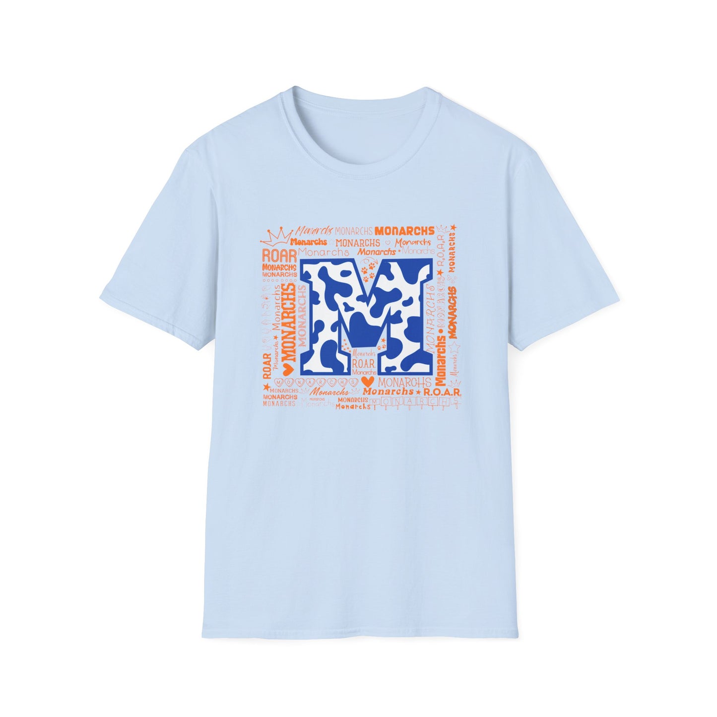 Blue Cow Print M Monarchs Unisex Softstyle T-Shirt - Monarchs Roar Graphic Tee for School Spirit